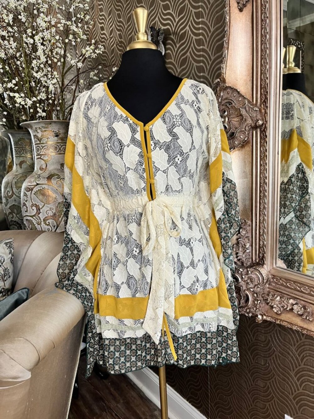 Altara state white lace body with distinct yellow and green printed tunic